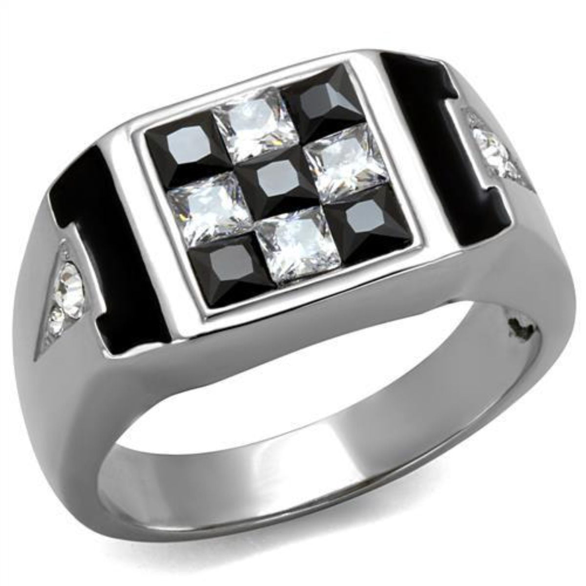 MEN'S BLACK STAINLESS STEEL ROUND SOLITAIRE CZ SQUARE RING