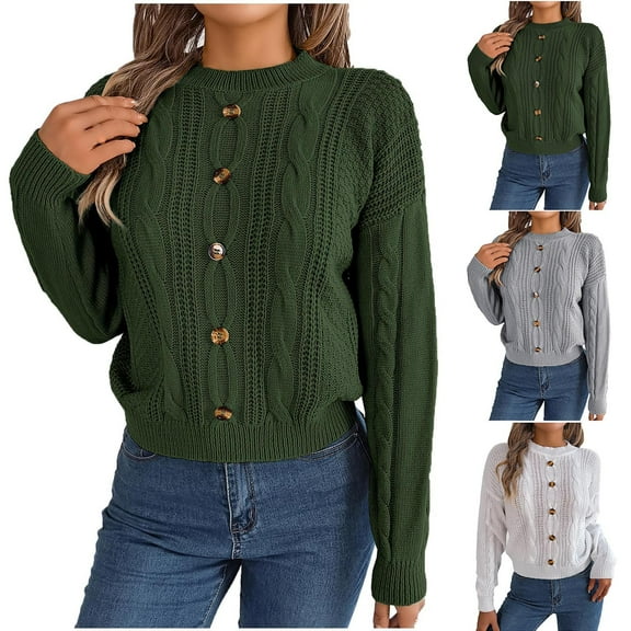Lovskoo 2024 Sweaters for Women Trendy Pullover Long Sleeve Round-Neck Blouse Knit Tops Olive Green