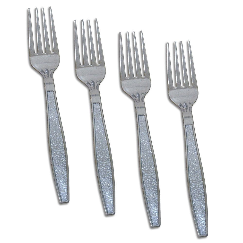 100 Silver Plastic Forks, Elegant and Disposable Shiny Silver Flatware