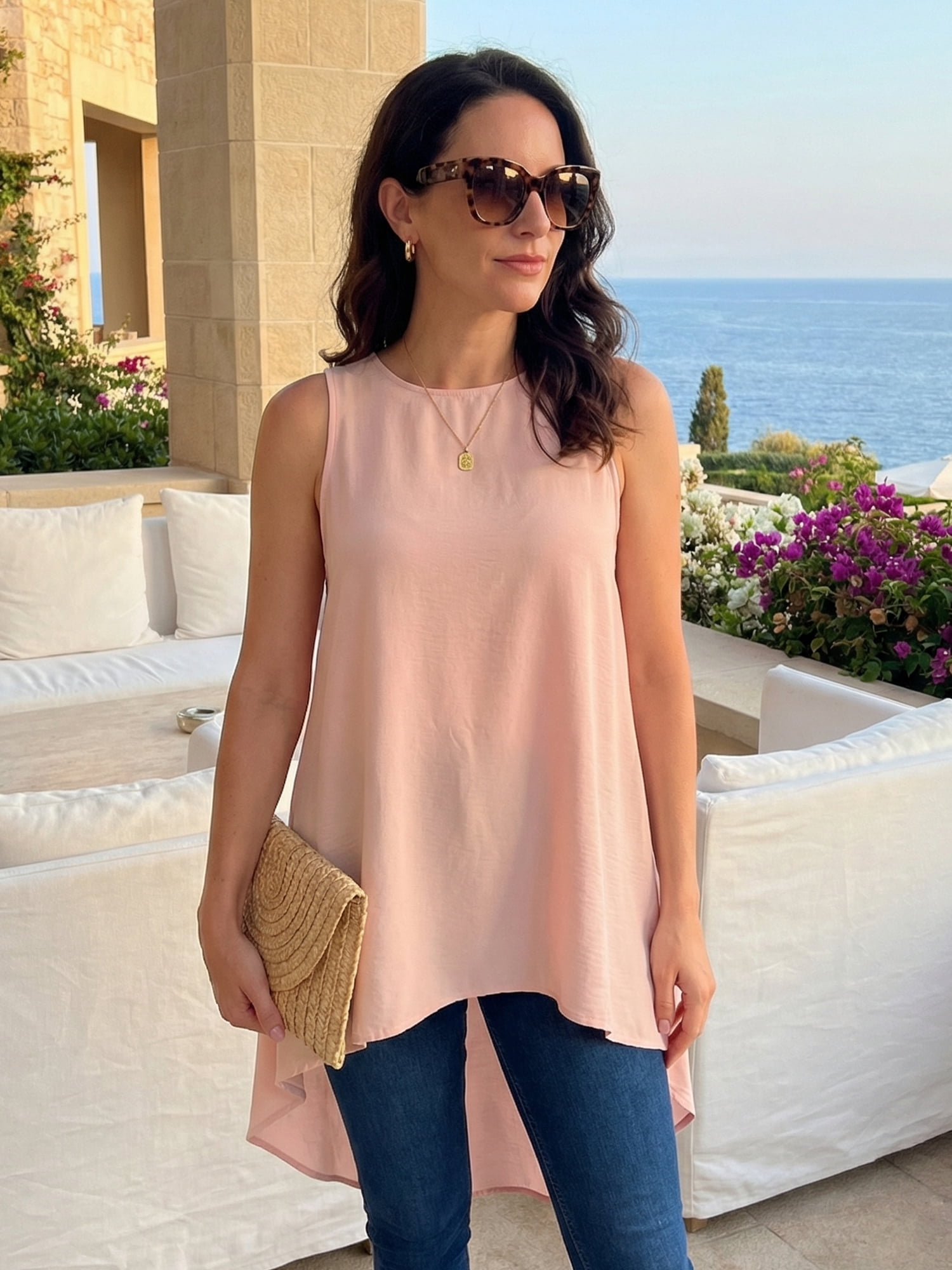 DARING DIVA Women's High Low Sleeveless Crewneck Asymmetrical Blouse S Pink