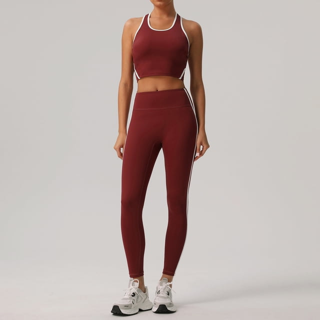 PISONIC Womens Workout Set Two Piece Racerback Color Block Tank Tops Matching High Waist Leggings Gym Work Out Outfits