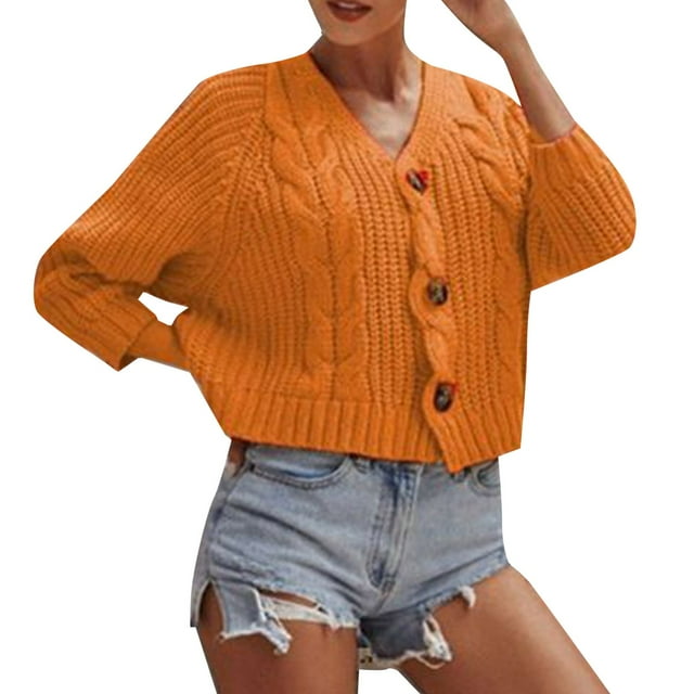 Baberdicy Cardigan Sweater Ladies Solid Color Button Sweater Knit Cropped Loose Cardigan Women's Cardigans Orange