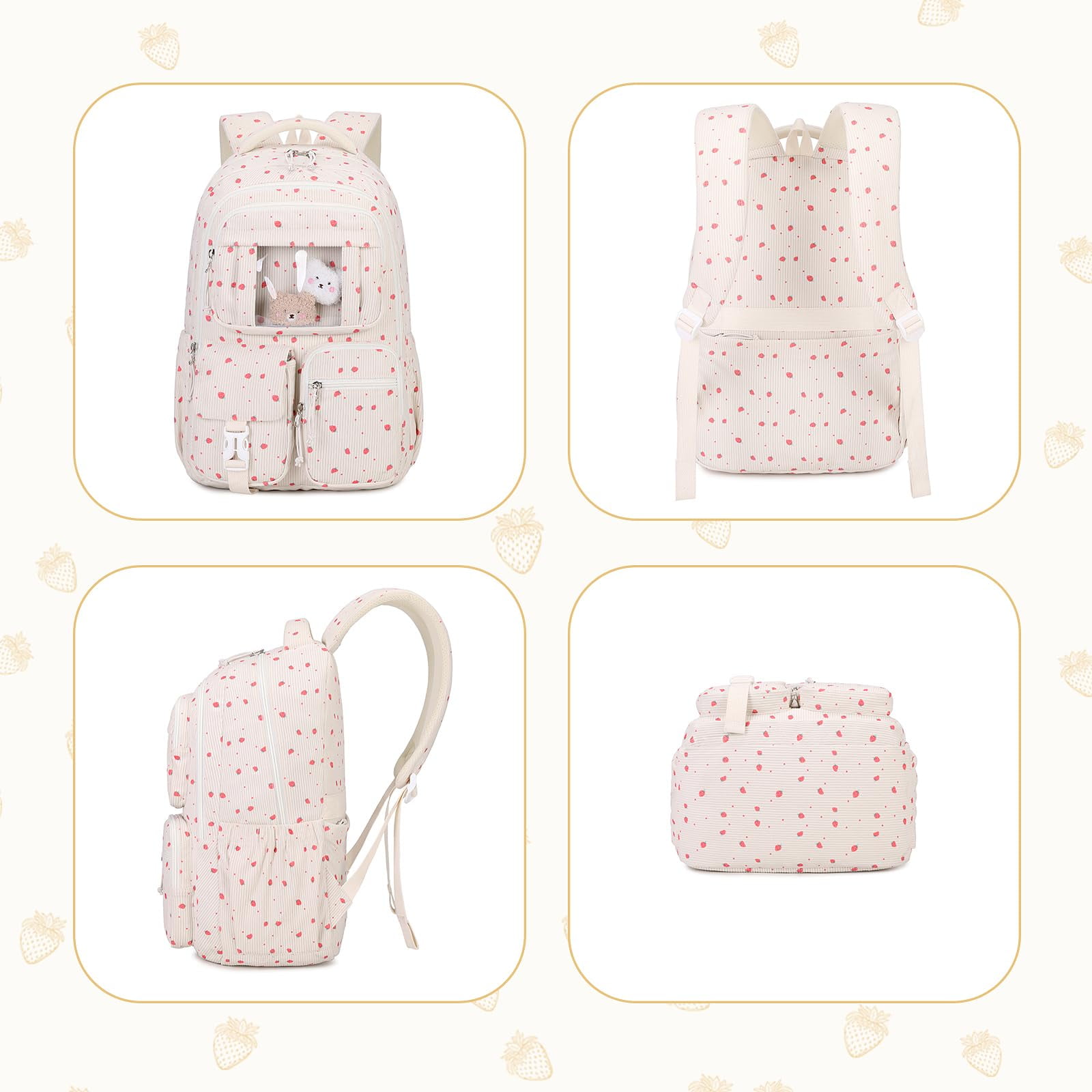 Soda Candy Corduroy School Backpack Cute Bookbag for Middle School Students Book Bag Kawaii Ita Backpacks with Reinforced Thick Strap, Biege Strawberry