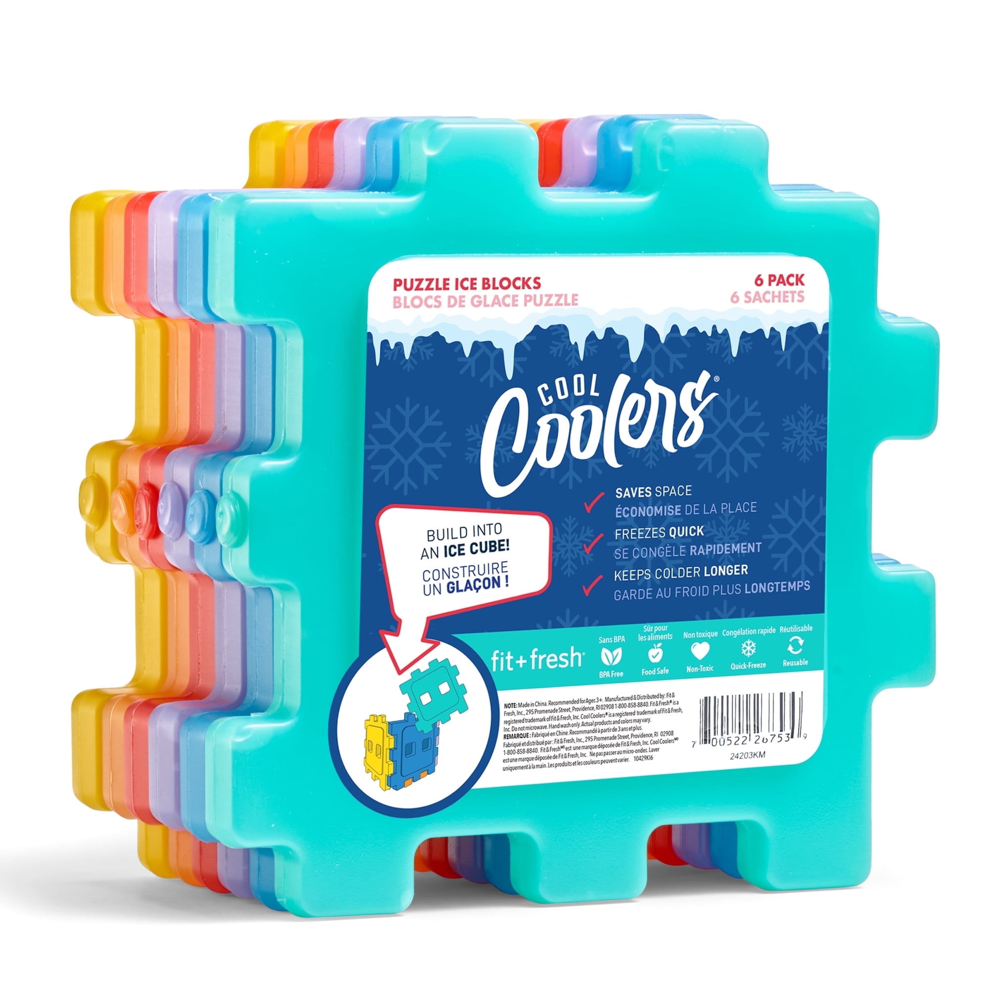 Cool Coolers by Fit + Fresh Kids Slim Ice Packs for Lunch Box, Reusable, Multicolored, Puzzle, 6PK