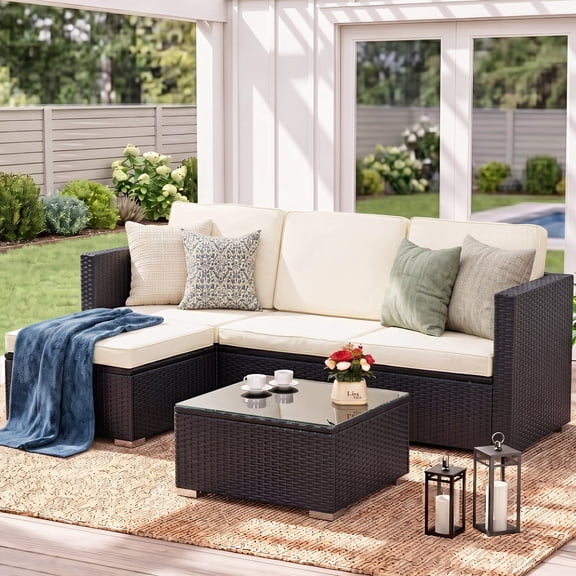 OMNIBERG 5 Pieces Patio Furniture Sets All Weather Outdoor Sectional Patio Sofa Manual Weaving Wicker Rattan Patio Seating Sofas with Cushion and Glass Table, Black/Beige