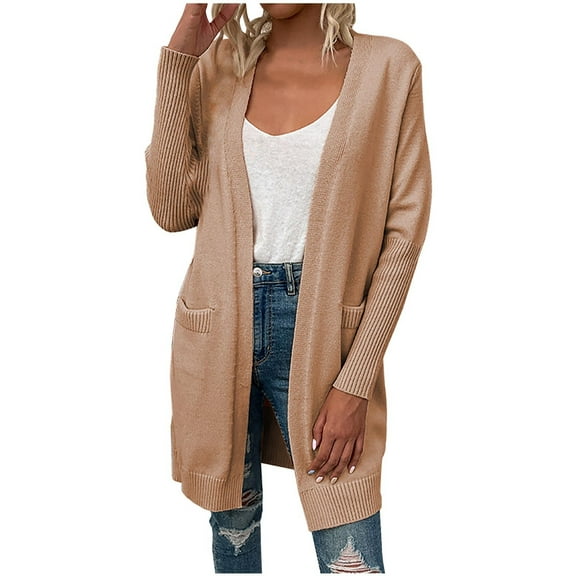 IROINNID Women's Mid-Length Cardigan Jacket Solid Color Long Sleeve Casual Pockets Casual Coat Cardigan, Khaki