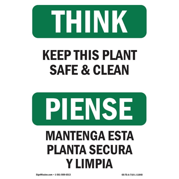 OSHA THINK Sign - Keep This Plant Safe And Clean Bilingual | Plastic Sign | Protect Your Business, Work Site, Warehouse & Shop Area | Made in the USA