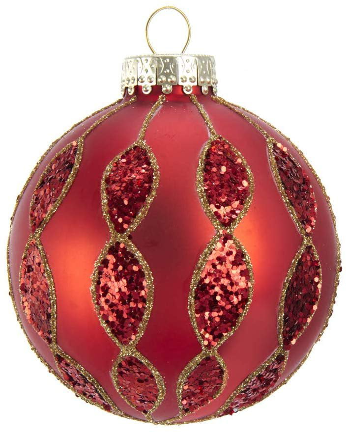 6-Piece Box Set w 80MM Burgundy and Gold Patterned Glass Ball Ornaments 