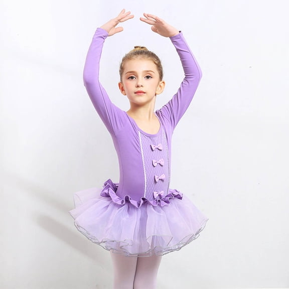 CAIVO Kids Classical Ballet Practice Tutu Dress For Girls O-Neck Dance Recital Performance Elegant Leotard Dresses For Ballerina Training Long Sleeve Holiday Sundress