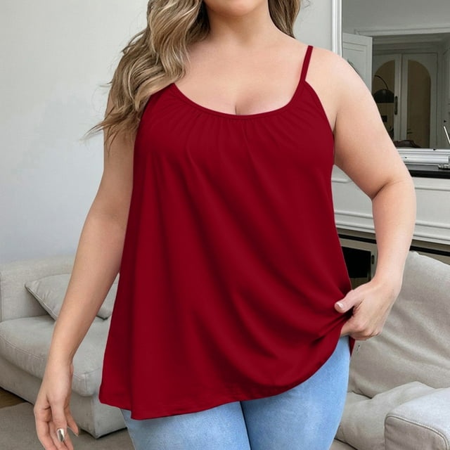 Hemlock Plus Size Soft Tank Bras, Plus Size Soft Tank Top With Built-In Bra, Sleeveless, Comfort For Daily Wear, Red Sleeveless Daily Tank Tops, Red 5XL, Size S-6XL