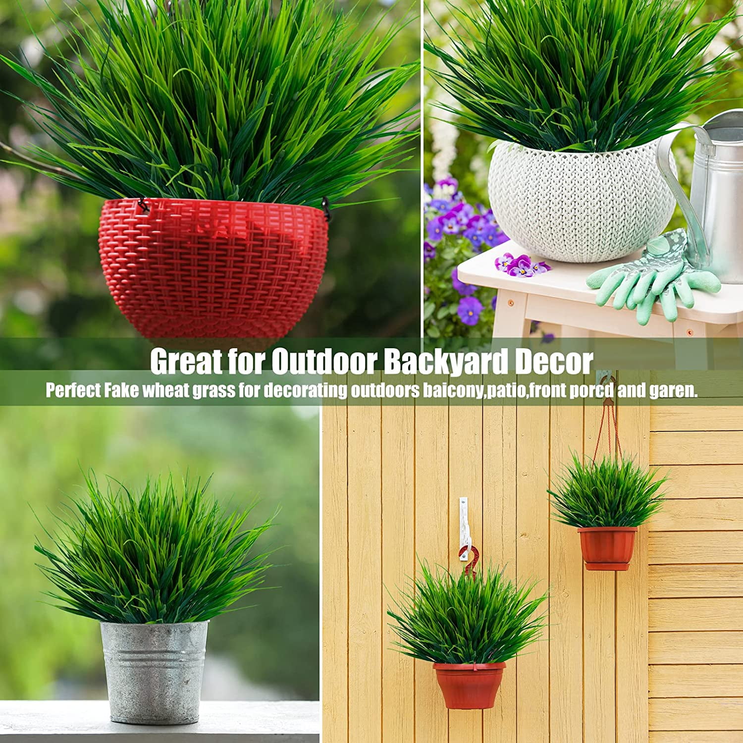 8 Bundles Artificial Outdoor Plants Plastic Wheat Grass Greenery Shrubs UV Resistant Fake Plastic Shrubs for Outside Home Garden Yard Decoration