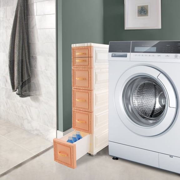 6 Drawers 5 Tiers Slim Storage Organizer, Khaki Narrow Storage Cabinet with Movable Wheels, Slim Bathroo