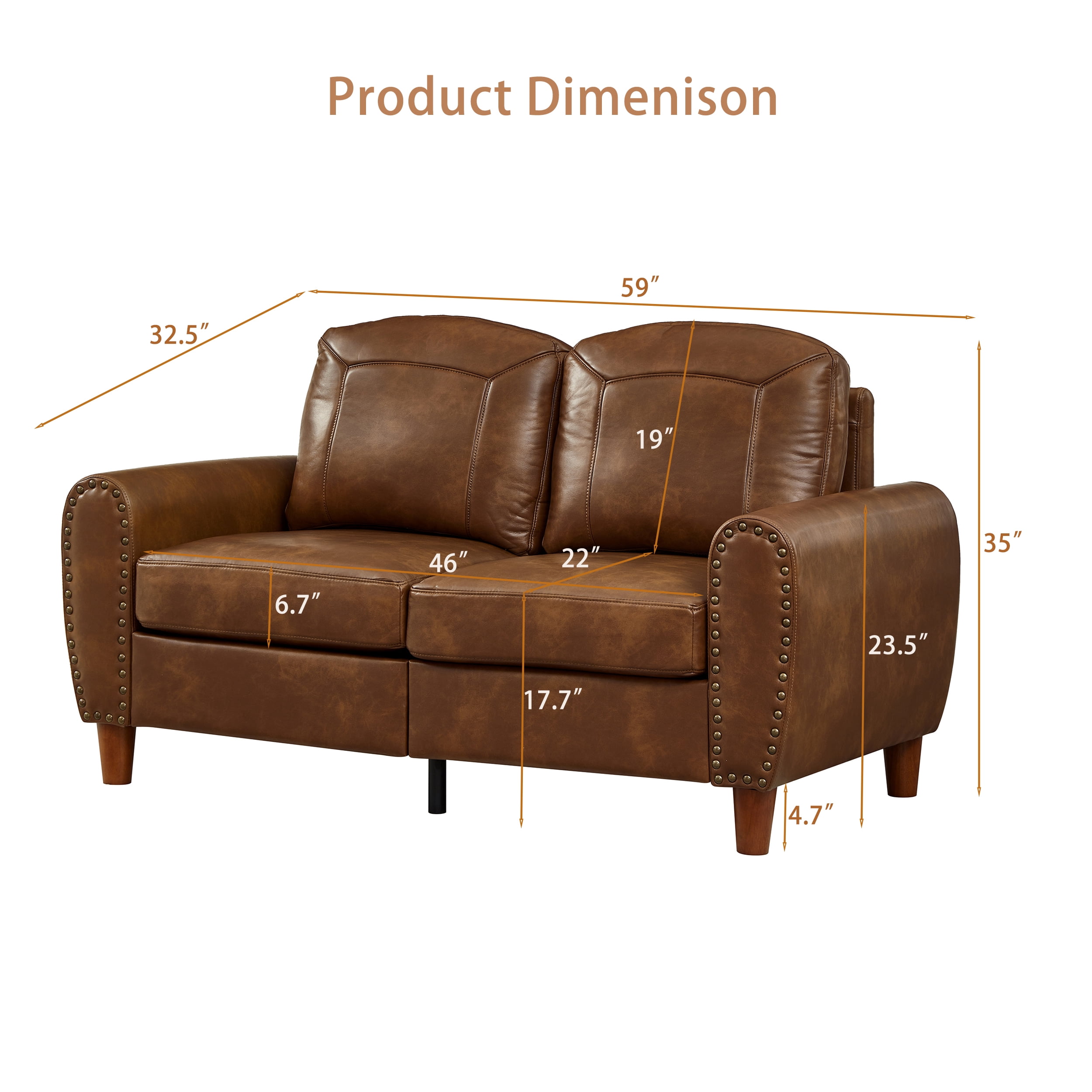 Mid-Century Modern Faux Leather Loveseat Sofa,59"W Classic Rolled Arm 2-Seater Sofa Couch with Brass Nailhead Trim & Solid Wood Legs,Apartment,Living Room Furniture,Brown