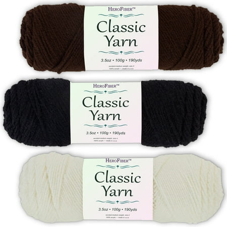 Soft Acrylic Yarn 3-Pack, 3.5oz / ball, Brown Coffee + Black Night + White Coconut. Great value for knitting, crochet, needlework, arts & crafts projects, gift set for beginners and pros