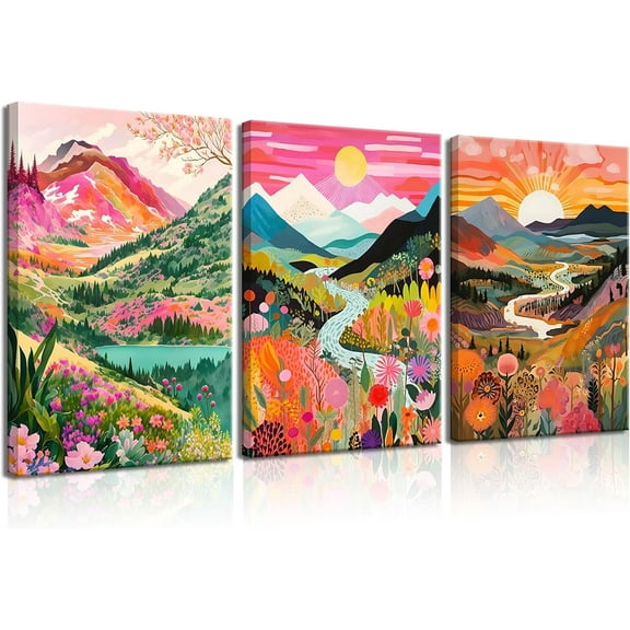 Colorful Watercolor Mountain Canvas Wall Art Boho Floral Painting Picture Wall Decor Abstract Nature Landscape Poster Print Artwork for Living Room Bedroom Bathroom (only canvas)
