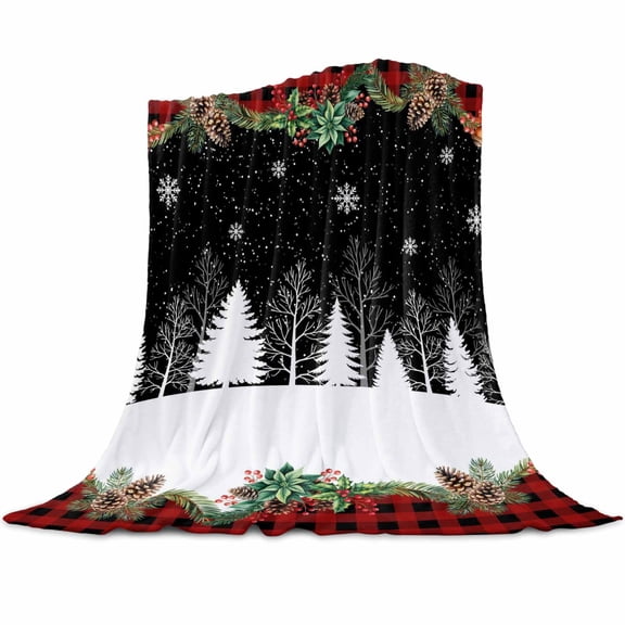 Black Christmas Flannel Blanket for Bed,Travel and Camping, Winter Snowflakes Tree Xmas Garland Plaid Super Soft Cozy Blanket for All Seasons 32"x48"