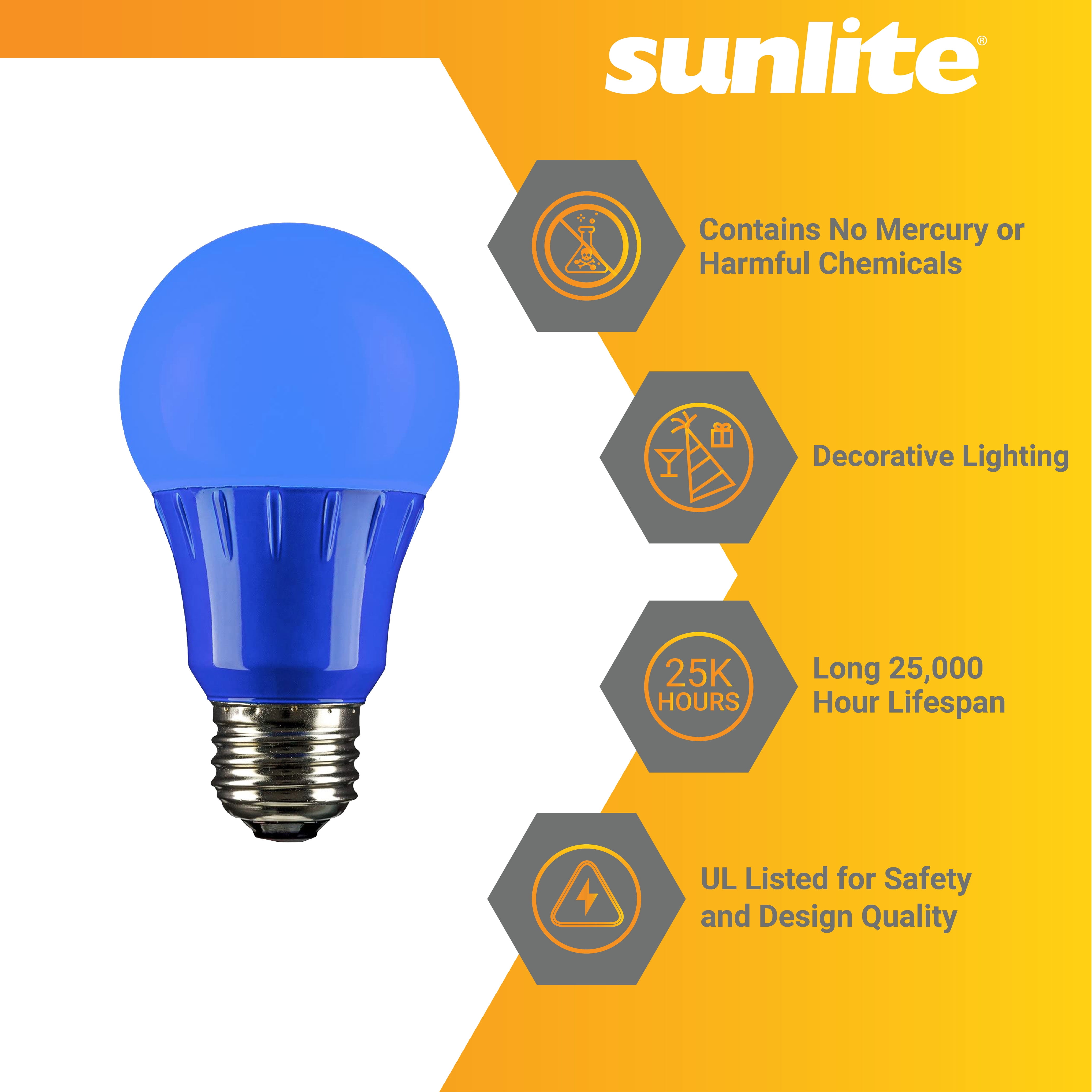 Sunlite LED A19 Colored Light Bulb, 3 Watts (25w Equivalent), E26 Medium Base, Non-Dimmable, UL Listed, Party Decoration, Holiday Lighting, Blue, 6 Pack