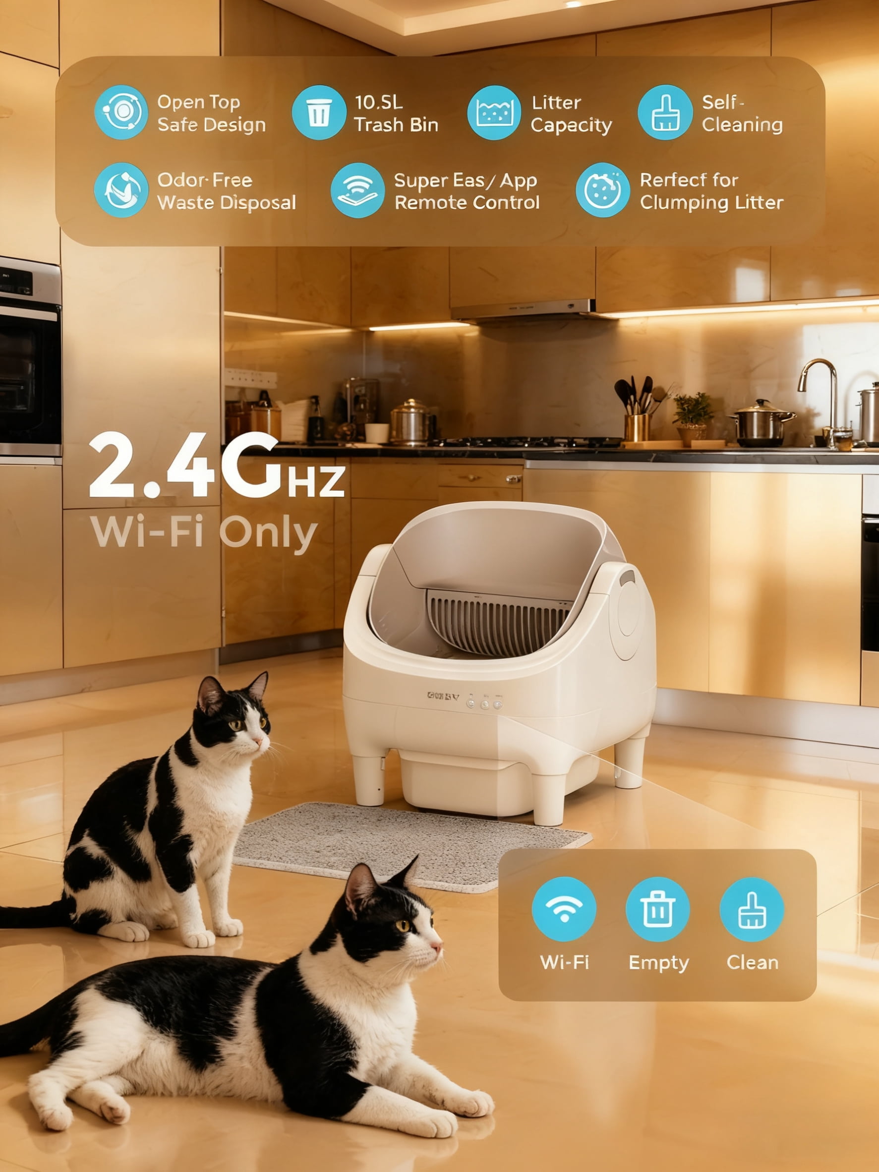 Automatic Open-Top Self-Cleaning Cat Litter Box -App Control, Safe Alert, Smart Health Monitor, Includes 2 Liners & Mat, Multi-Cat Friendly, Champagne