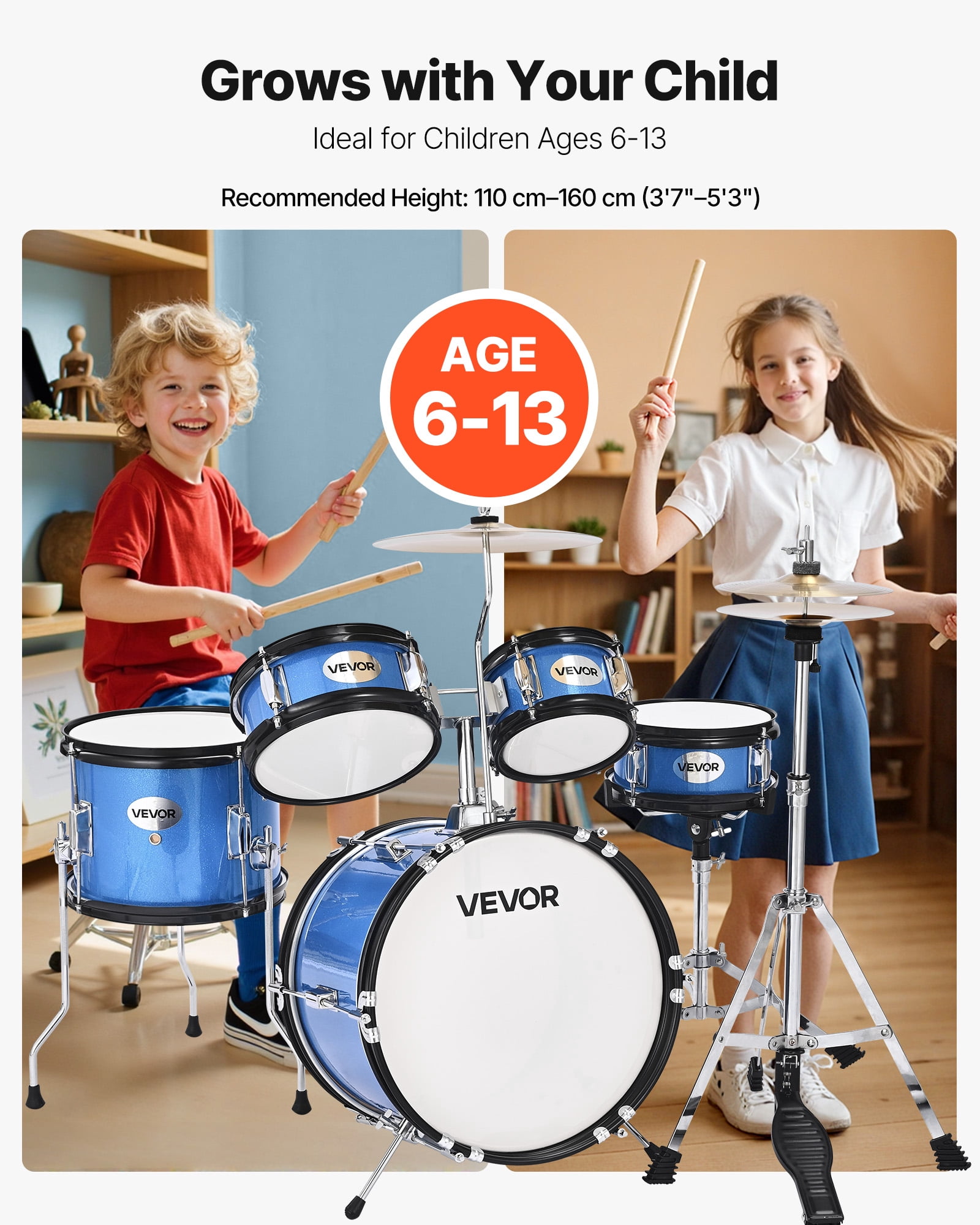 VEVOR Kids Drum Set, 5-Piece 14 in Junior Drum Sets, Beginner Drums Set with Adjustable Throne,Cymbal & Two Pairs of Drumsticks, Musical Learning Drums Instruments Kit,for Children Ages 6-13 (Blue)