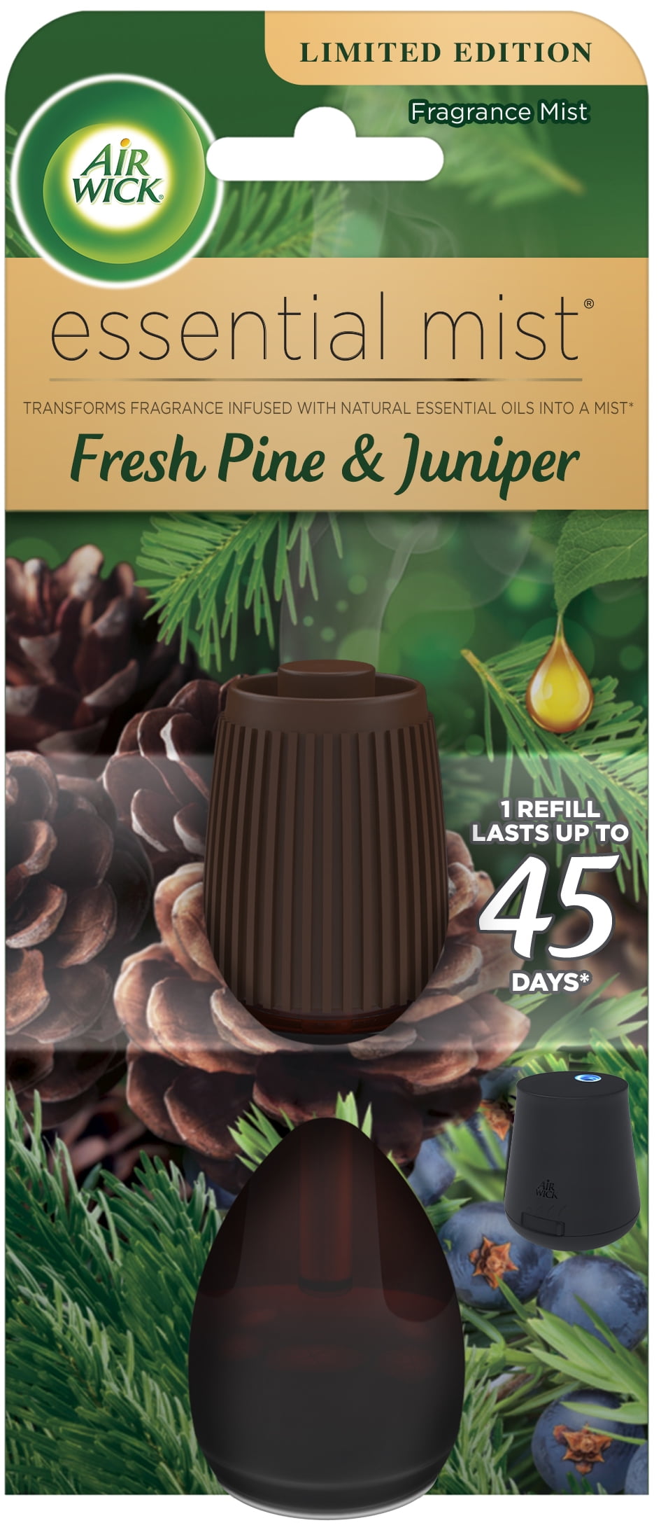Air Wick Essential Mist Refill, 1 ct, Fresh Pine and Juniper, Essential Oils Diffuser, Air Freshener, Fall scent, Fall decor