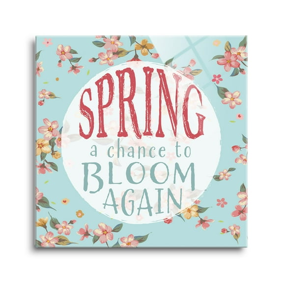 Spring Bloom Again Pink Floral Blue 8 x 8 Glass Wall Hanging Sign