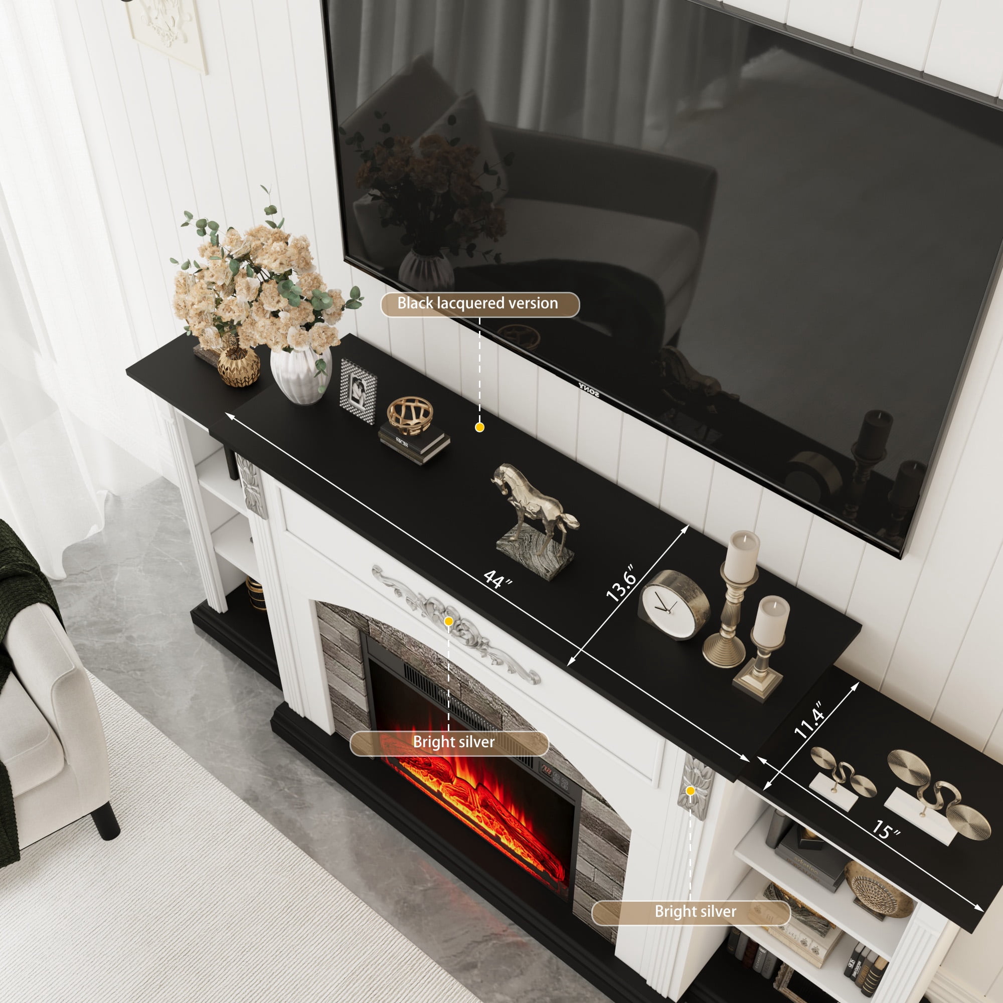 BOSHIRO 72 " Farmhouse Electric Fireplace with Mantel, White TV Stand for TVs Up to 80 Inch, Modern Entertainment Center Accent Furniture, Stacked Stone Surround, 23" Red Brick Fireplace Insert