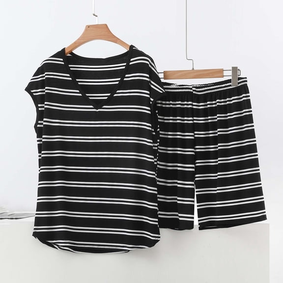 Cagogo Women Plus Size 2 Piece Shorts Set V Neck Short Sleeve Tshirt Elastic Waisted Shorts Loose Casual Lounge Sets Striped Summer Cruise Airport Outfit Clothes, Khaki S
