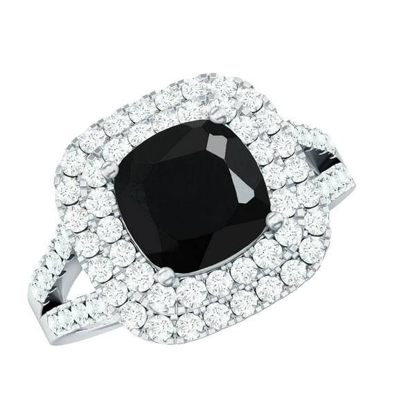 Rosec Jewels 2 Carat Black Onyx and Diamond Engagement Ring in Silver - AAA Quality Onyx Double Halo Ring - Gift For Special Person, US 5.00