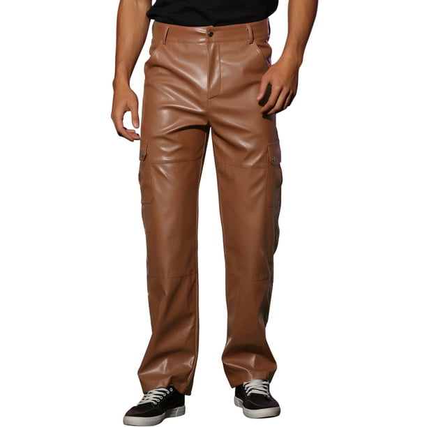 Pantalones de cuero sintético INSPIRE CHIC para hombres, ajuste slim, estilo hip hop punk 34 marrón