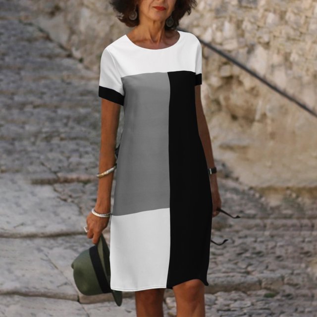 Fankiway Robe Décontractée à Col Rond pour Femmes, Manches Courtes, Imprimé, Taille Mi-Haute, Robes d'Été pour Femmes, Grande Taille en Solde
