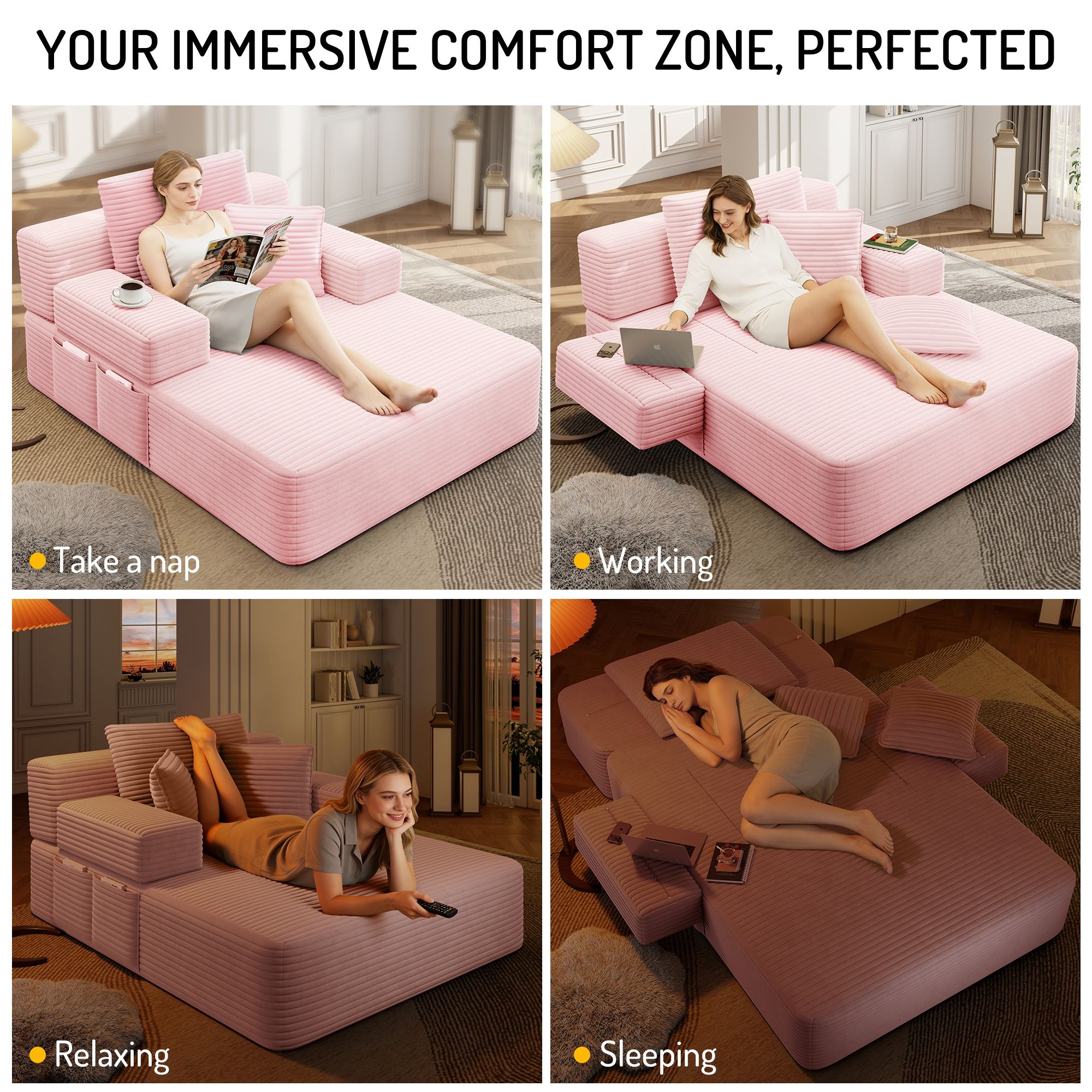 Alvantor Oversized Corduroy Convertible Chaise Lounge Sofa Bed, Baby Pink