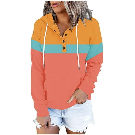 jtjvou Colorblock Hoodies for Women Button Up Henley Neck Sweatshirts Plus Size Long Sleeve Casual Pullover with Pocket Yellow XL