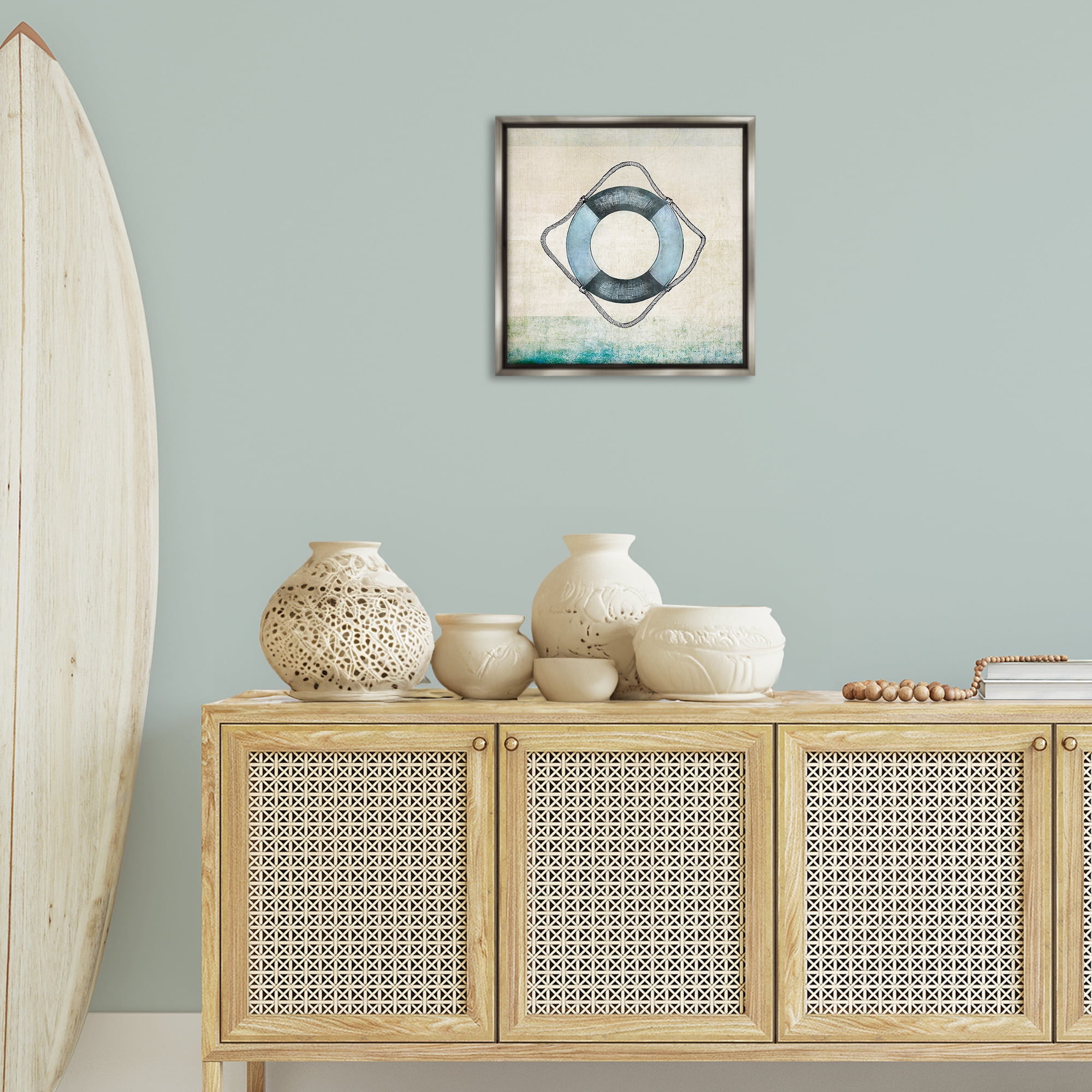 Stupell Industries Rustic Maritime Life Ring Nautical & Beach Painting Gray Floater Framed Canvas Art Print Wall Art, 18 x 18