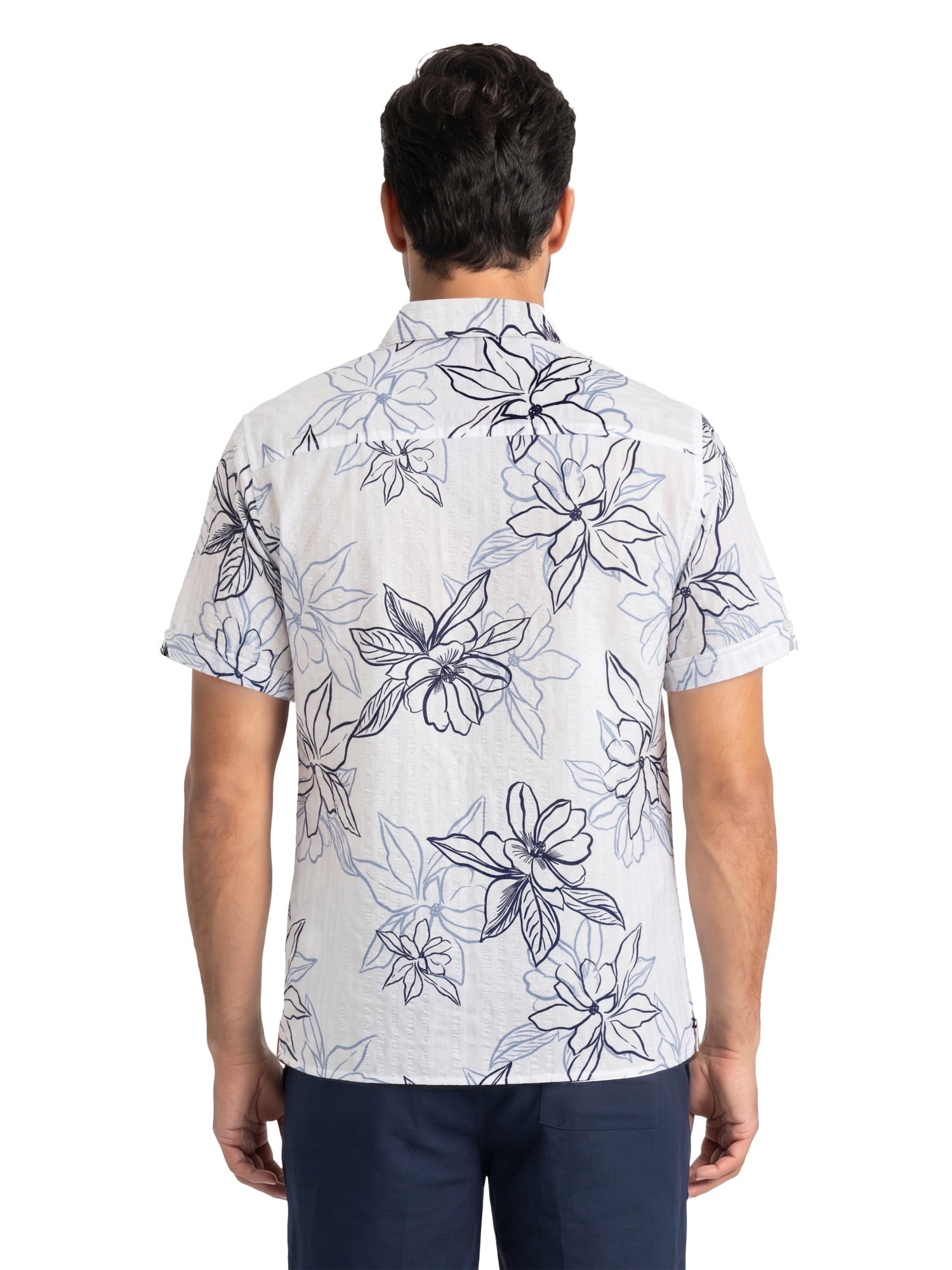 Cafe Luna Men’s and Big Men’s Seersucker Tropical Floral Print Short Sleeve Button-Down Shirt, S-5XL