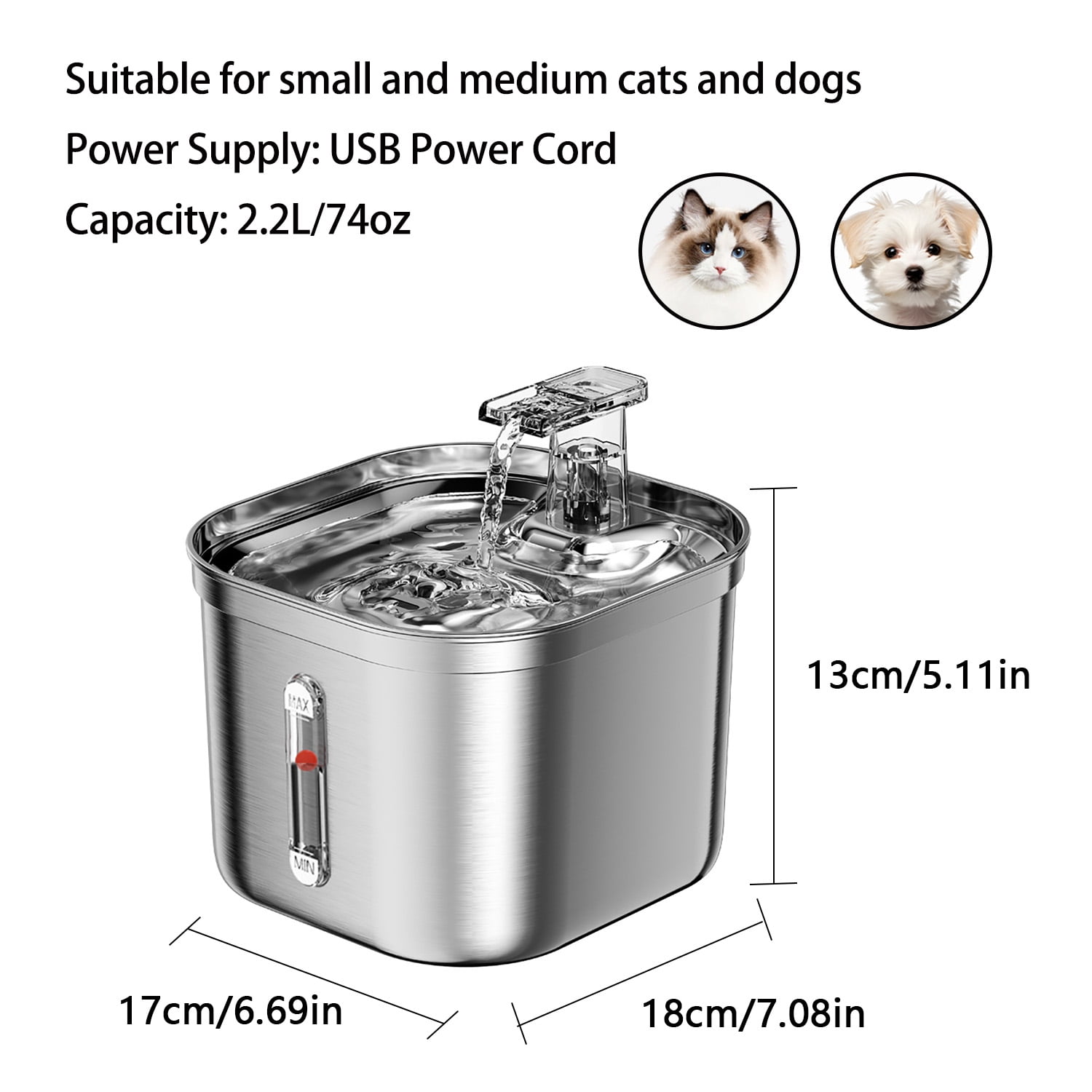 Petavista 2.2L/74oz Stainless Steel Cat Water Fountain with Water Level Window Suitable for Dogs Cats