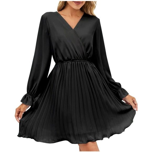 Women's Mini A Line Pleated Dress Solid Color Clearance Long Sleeve Spring V Neck Trendy Elegant Casual Bandage Ruffle Black XL