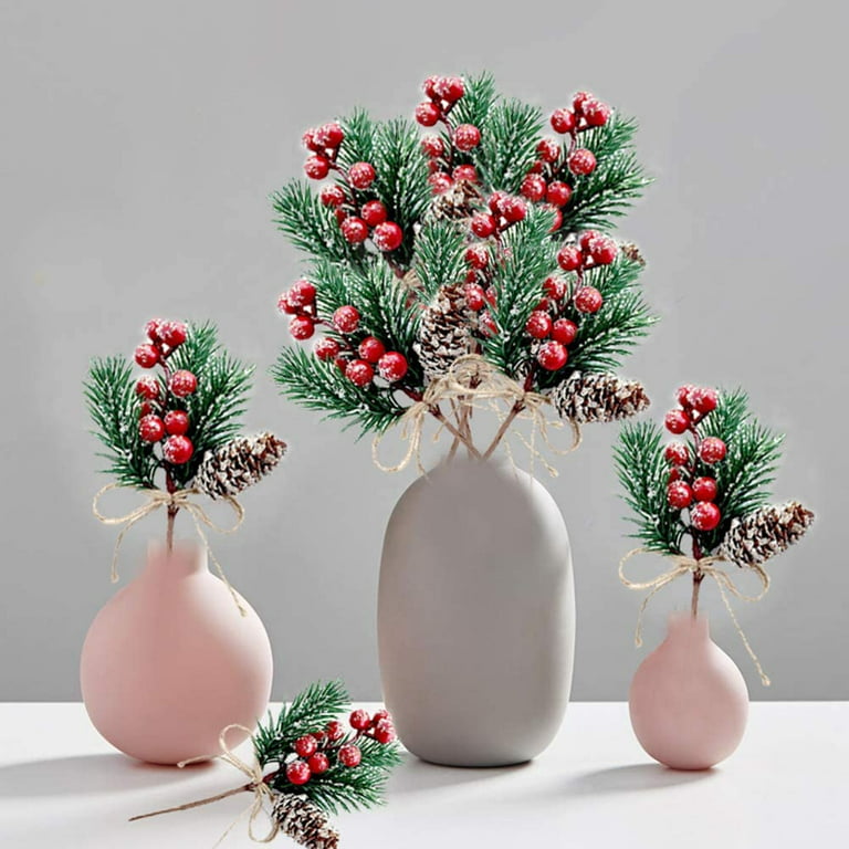 famibay 24 Pack Christmas Greenery Picks Frosted Red Berry Stems with Pine  Cones Small Artificial Pine Branches Christmas Stems for Tree Crafts Vase