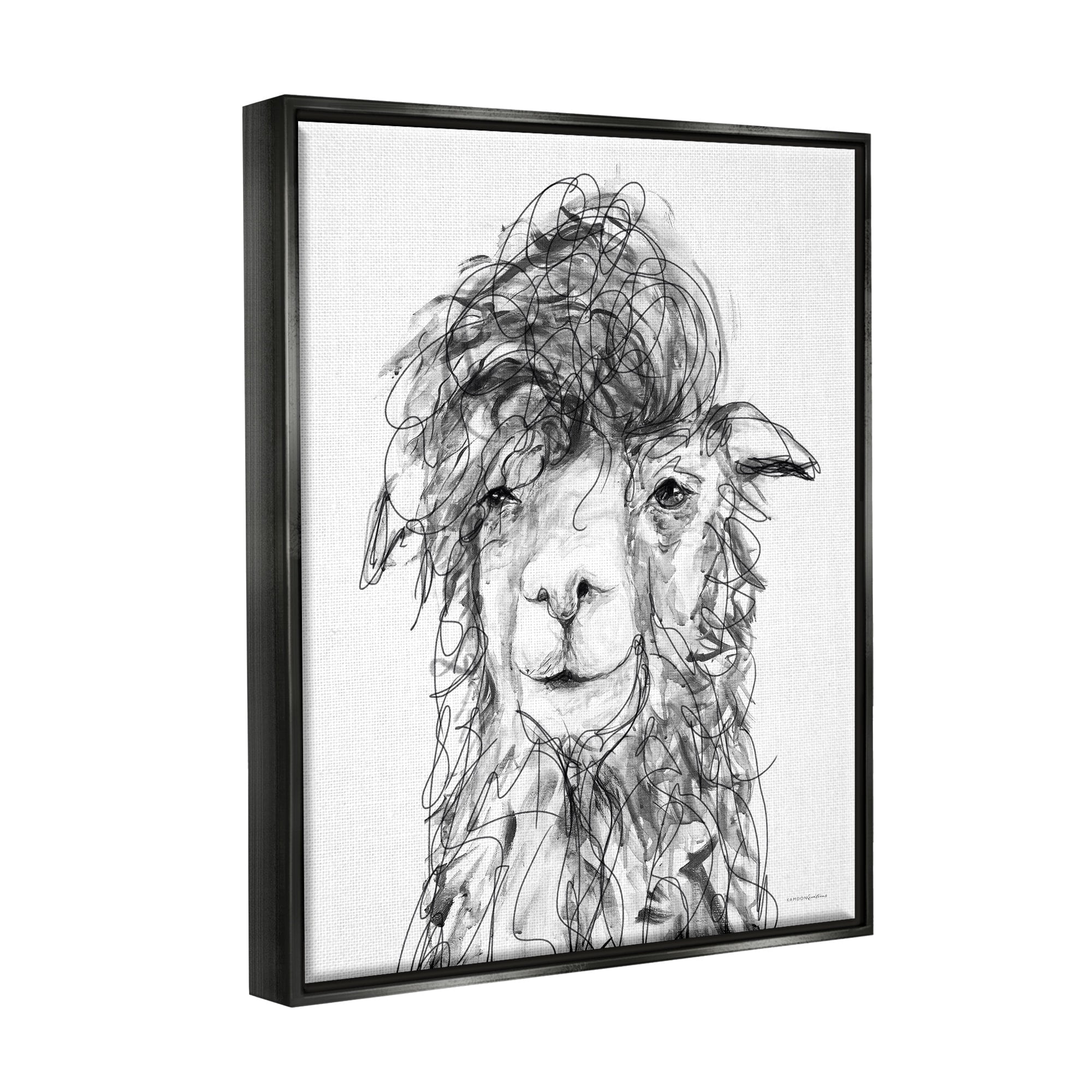 Stupell Industries Fluffy Hair Alpaca Llama Smiling Scribble Lines Drawing Print Jet Black Floating Framed Canvas Print Wall Art, Design by Kamdon Kreations