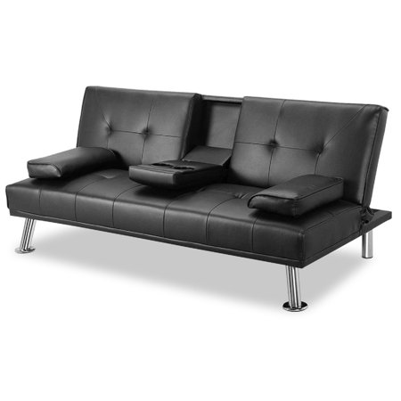 Modern Faux Leather Futon Sofa Bed - Convertible Folding Lounge Sofa with 2 Cup Holders, Removable Armrests, and Sturdy Metal Legs, Charming Black