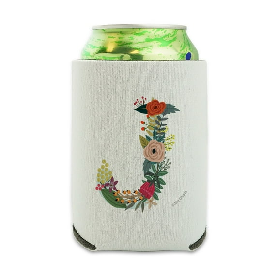Letter J Floral Monogram Initial Can Cooler - Drink Sleeve Hugger Collapsible Insulator - Beverage Insulated Holder