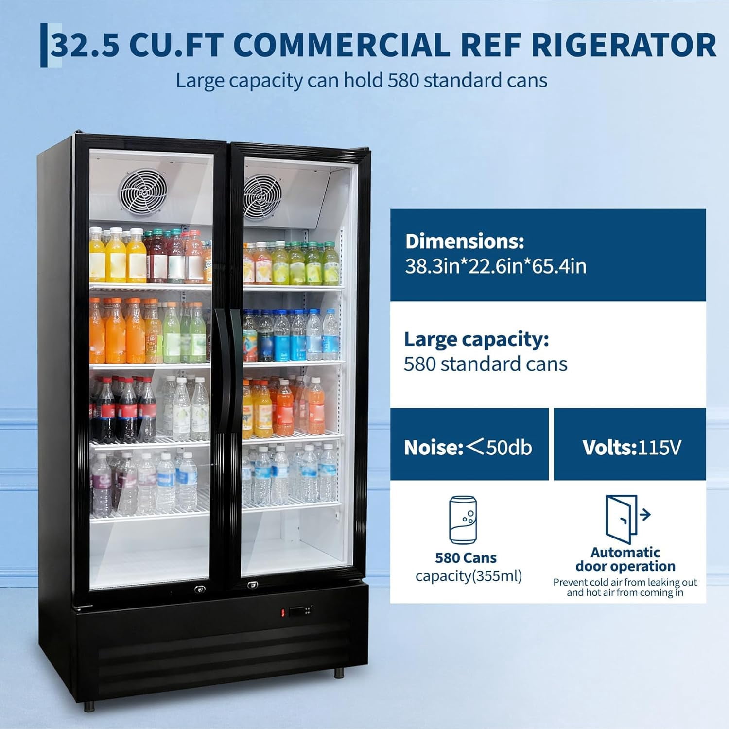 GlowSol 32.5 Cu. Ft. Commercial Beverage Fridge – Double Glass Door Display Refrigerator featuring 8 Adjustable Shelves and a Frost-Free System.