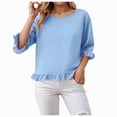 thumbnail image 2 of Towmus Womens 3/4 Sleeve Tops Knit Cotton Ladies Blouses Crew Neck T Shirts for Women Loose Fit Ruffle Sleeve Tunic Tops, XL, Light Blue, 2 of 8