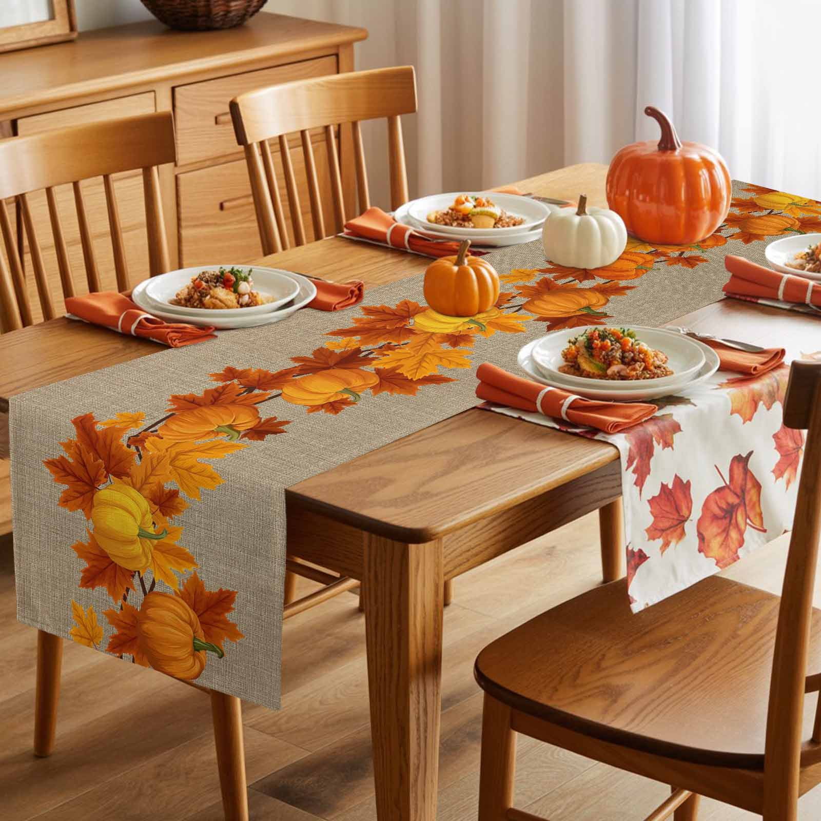 Fall Thanksgiving Cotton Linen Table Runner, Washable Table Runners for Kitchen, Dining Room, Holiday, Home Party Table Decor, 13x120 Inches