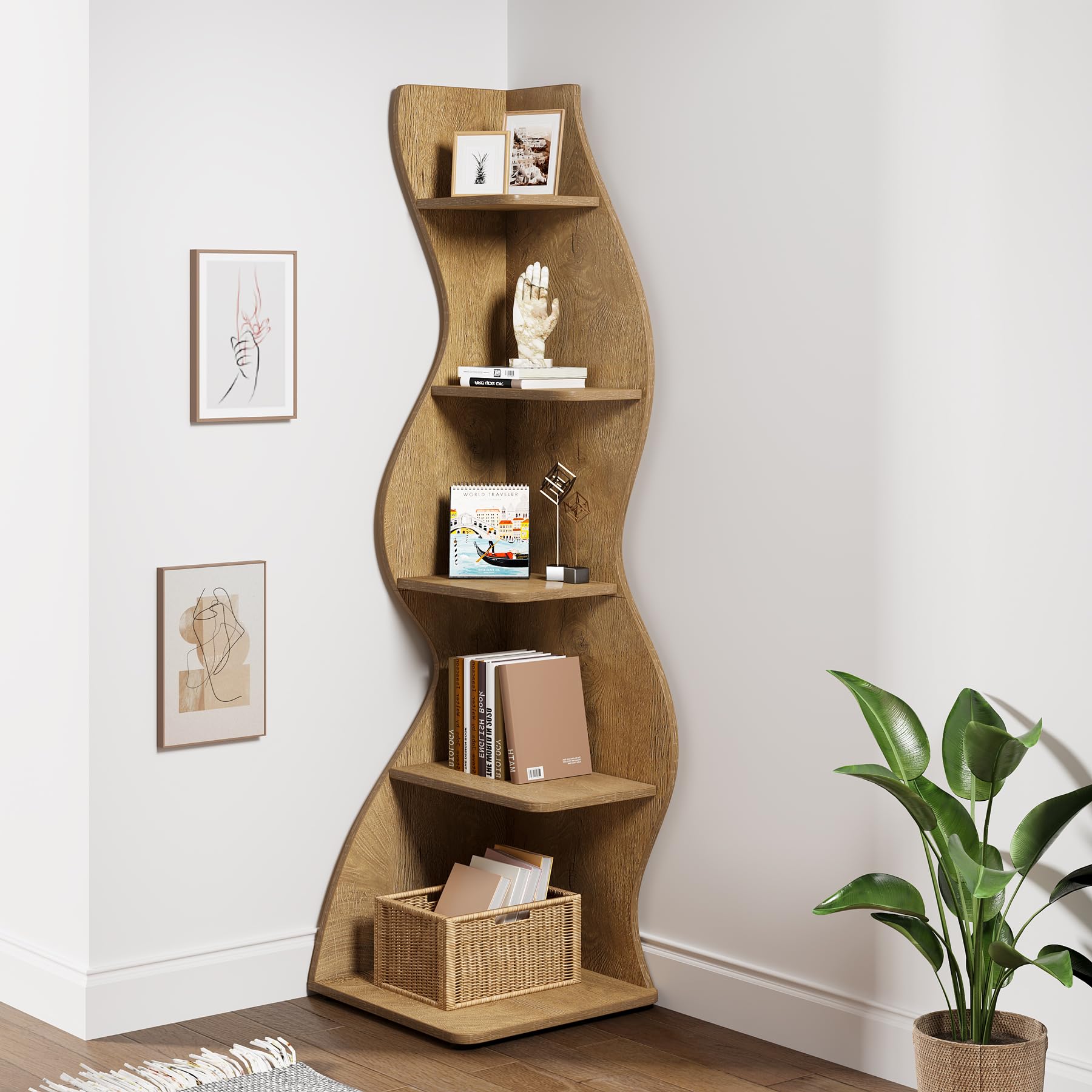 Tribesigns Modern Corner Shelf, 5-Tier Wall Corner Bookshelf, Small Bookcase Storage Rack for Living Room, Home Office (Light Brown)