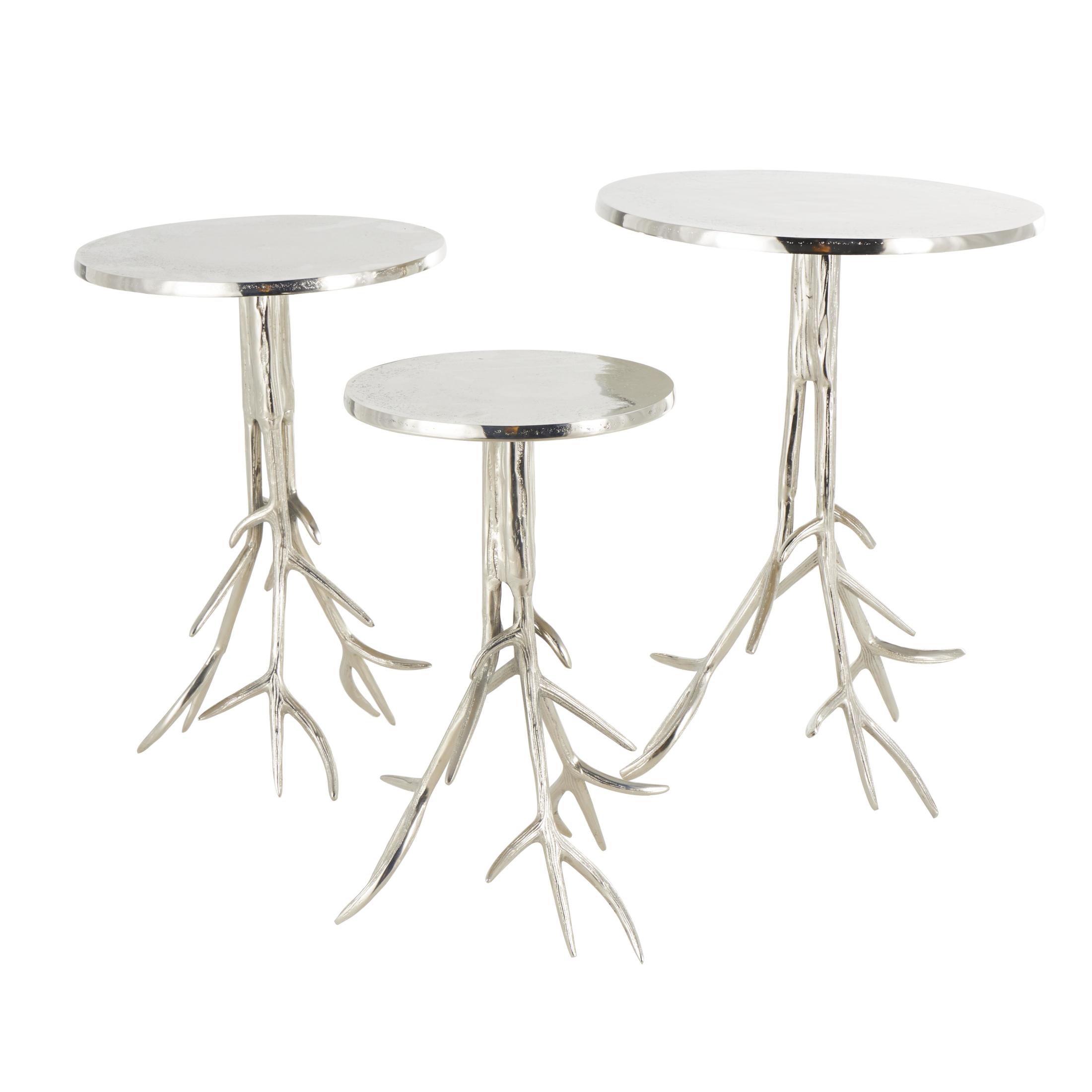 DecMode 18" x 24" Silver Aluminum Metal Accent Table with Textured Tree Branch Legs, 3-Pieces