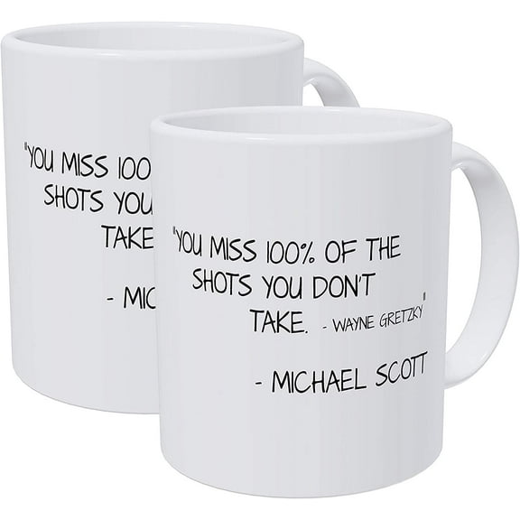 Pack of 2 You Miss 100% of the Shots You Don't Take, Michael Scott Quotes 11 Ounces Funny White Coffee Mug
