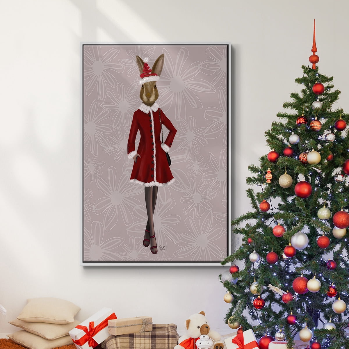 Christmas Christmas Fashion Bunny - Framed Gallery Wrapped Holiday Canvas - 27 x 41 - White Frame