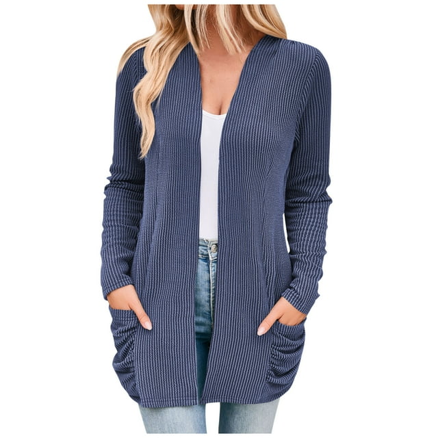 Yuyuzo Cardigan for Women 2024 Fall Open Front Knit Sweater Long Sleeve Striped Cardigans with Pockets