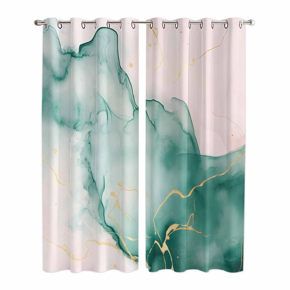 Kitchen Curtains 84 Inch Length 2 Panels, Marble Green Grommets Window Treatment Curtain, Pink Gold Modern Foil Glitter Wavy Art Thermal Curtains Drapes for Living Room/Bathroom