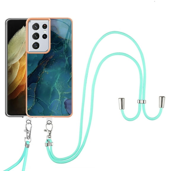 Feishell for Samsung Galaxy S21 Ultra Case with Detachable Crossbody Strap, Fashion Marble Pattern Glossy Cover for Women Girls, Slim Fit Anti-Scratch Phone Case for Samsung Galaxy S21 Ultra,Green
